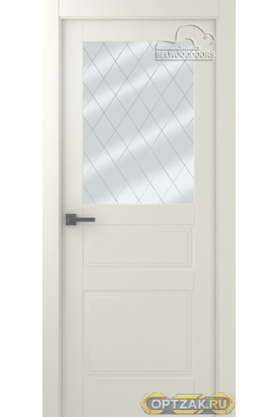 Дверь Инари / Цвет Эмаль жемчуг / Мателюкс белый витраж / Двери Belwooddoors